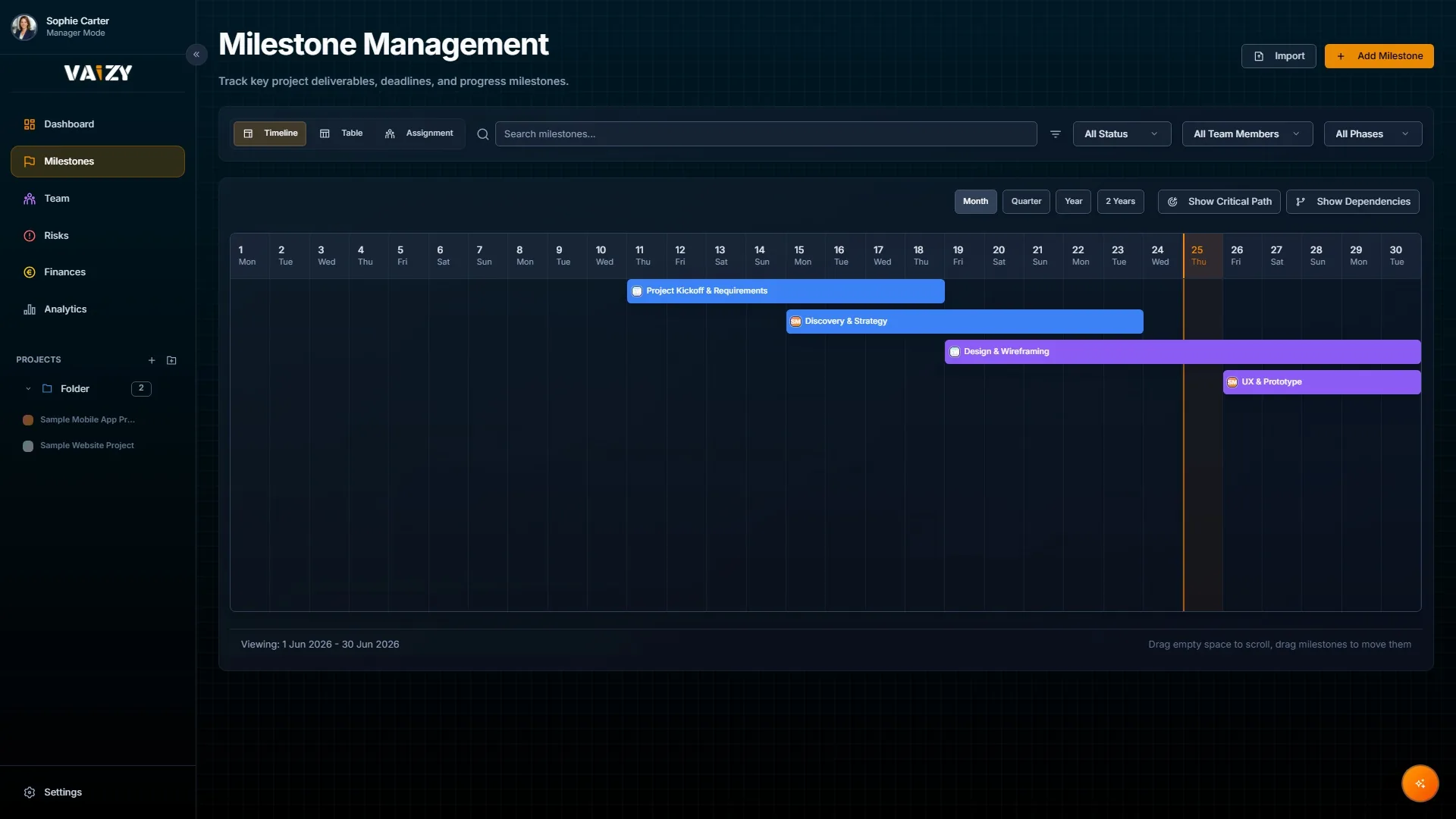 Vaizy mijlpaalmanagement met interactieve tijdlijn, deliveryfases en critical-path-tracking.